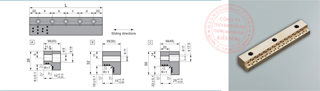 Bảng kích thước tiêu chuẩn CNP-JSL Solid-Self-Lubricating Wear Plates