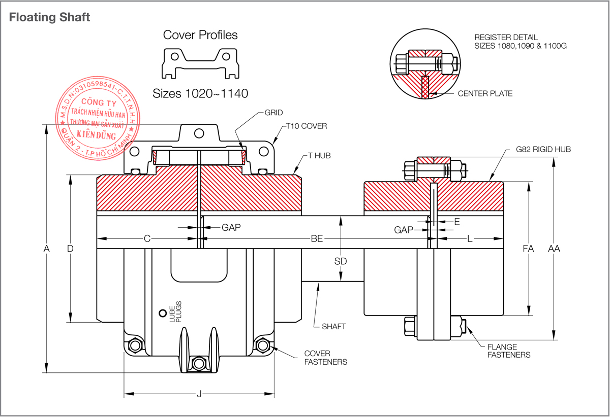 Bảng thông số kỹ thuật khớp nối lưới KCP Taper Grid Couplings T10 & G82 Type