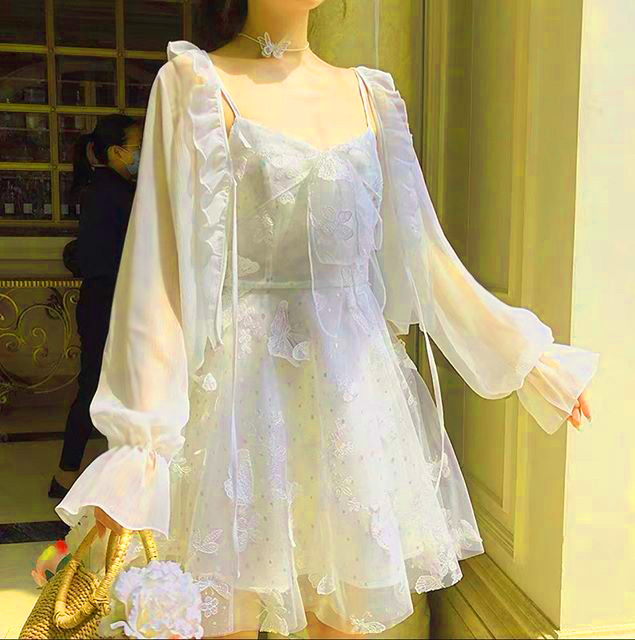 Set váy 2 dây kèm áo khoác voan | Shopee Việt Nam