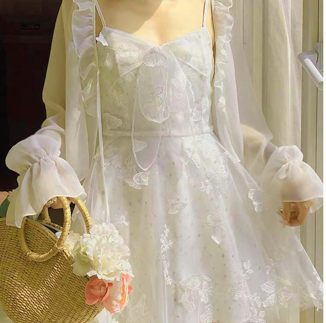 Váy đầm suông QIZ kèm áo khoác ren hoa dáng dài - Baza.vn