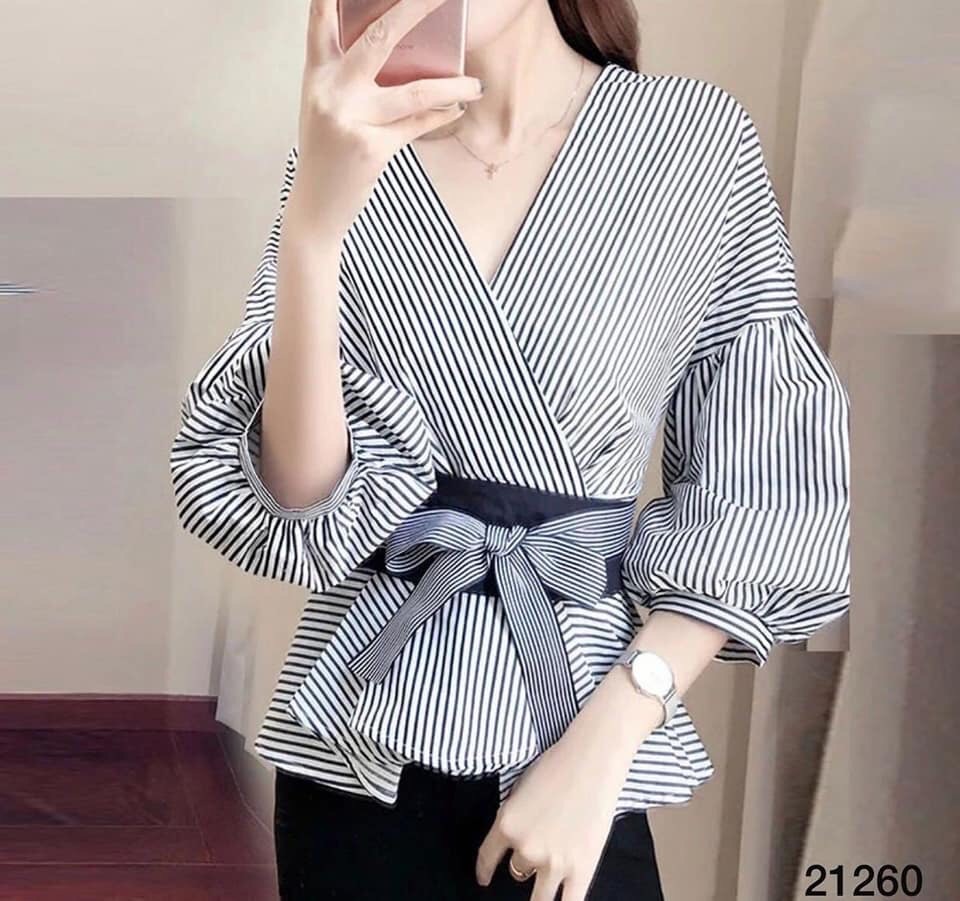 Áo peplum tay phồng cách điệu nơ eo