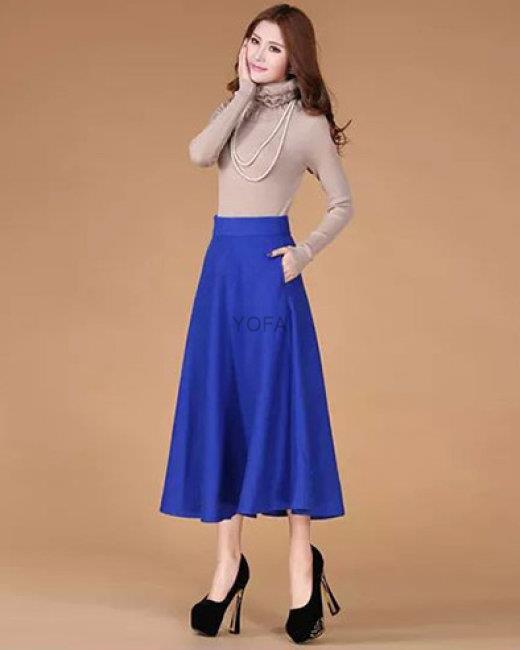Đầm dạ hội kiểu lệch vai tay dài xẻ đùi xanh coban