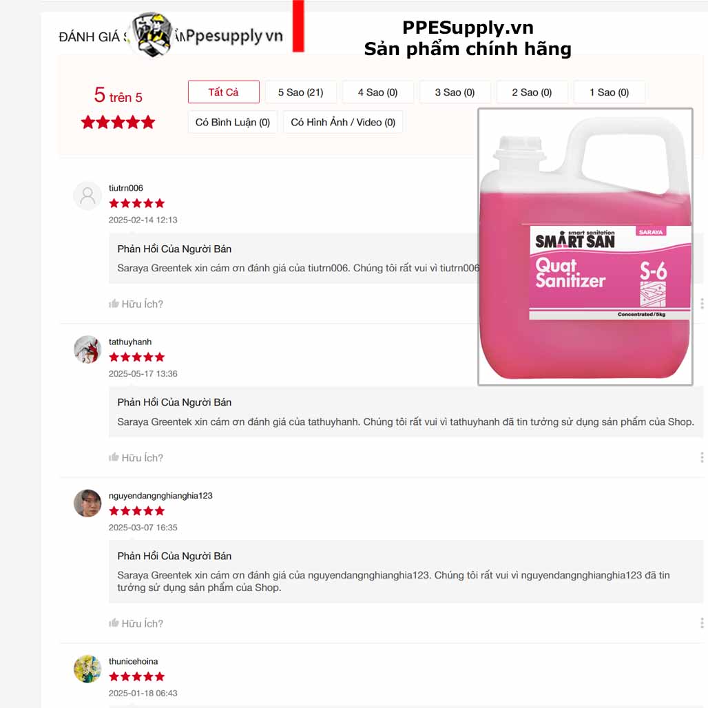 Dung dịch sát khuẩn bề mặt gốc QUAT Saraya Smart San Sanitizer S-6 – 5Kg