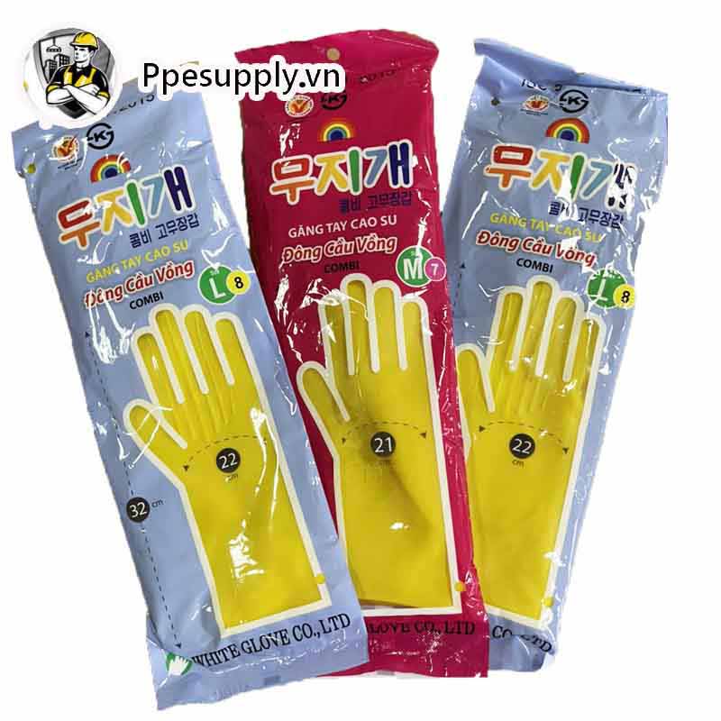 Găng tay cao su rửa chén combi - 32cm, màu vàng, kem, hồng, size S/M/L