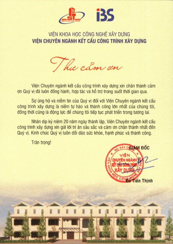 THƯ CẢM ƠN QUÝ VỊ ĐẠI BIỂU, QUÝ ĐỐI TÁC NHÂN DỊP LỄ KỶ NIỆM 20 NĂM NGÀY THÀNH LẬP