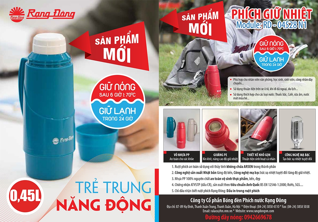 Hình: Phích giữ nhiệt Rạng Đông 0.45l nhiều màu sắc