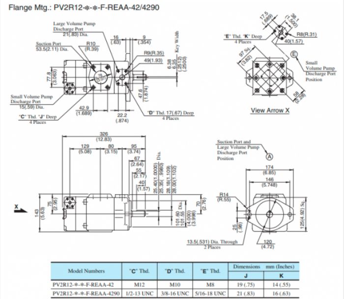 Kích thước lắp đặt bơm cánh gạt gạt 2 tầng PV2R12-10/33-FRAAA-42 Yuken