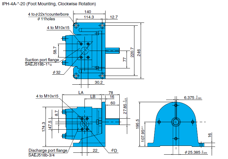 Kích thước lắp đặt sản phẩm bơm bánh răng ăn khớp trong 2 tầng Nachi IPH-66B-100-100