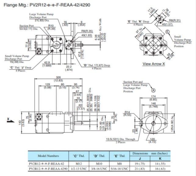 Kích thước lắp đặt sản phẩm bơm cánh gạt PV2R12-14/47-FRAAA-42 Yuken