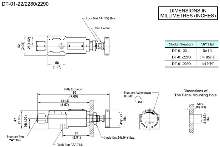 Kích thước lắp đặt van chỉnh áp suất Yuci Yuken DT-01-22 