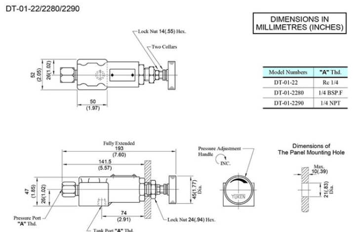 Kích thước lắp đặt van chỉnh áp suất Yuci Yuken DG-01-22 