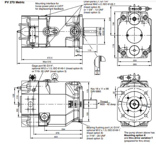 Kích thước lắp đặt bơm piston PV270L1K1T1V3LC Parker 