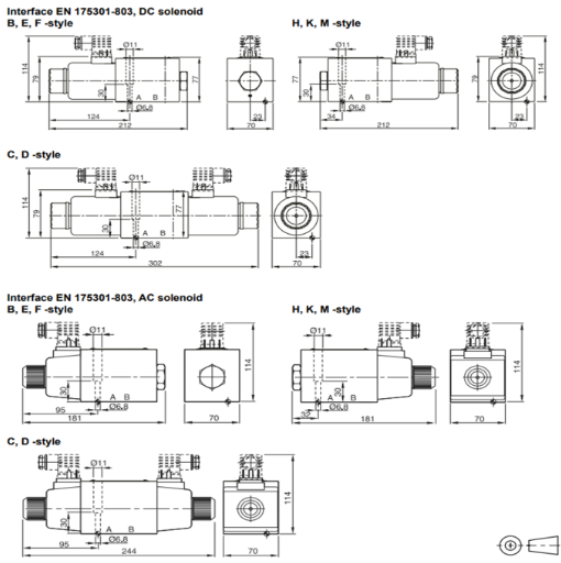 Kích thước lắp đặt van phân phối điều khiển điện Parker D-3-W-20-D-X5305-23-JD