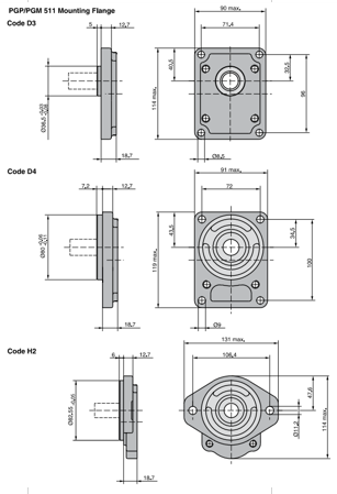 Kích thước lắp đặt bơm bánh răng 2 tầng PGP511B0190CB1H2NE5E3S-511A014 