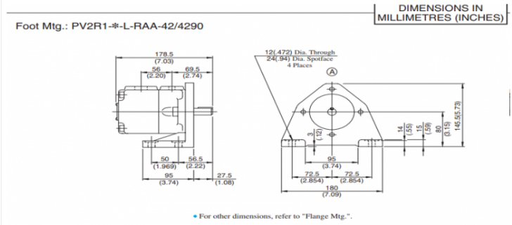 Kích thước lắp đặt sản phẩm bơm cánh gạt PV2R1-6-F-RAA-42 Yuken