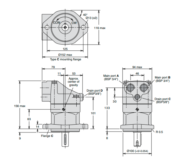 Kích thước lắp đặt sản phẩm bơm piston Parker F11-010-RB-CV-K-000-000-0 