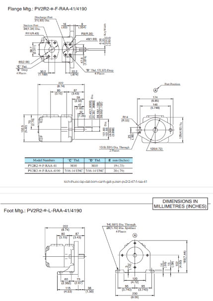 Kích thước lắp đặt bơm cánh gạt Yuken PV2R2-47-F-RAA-41 