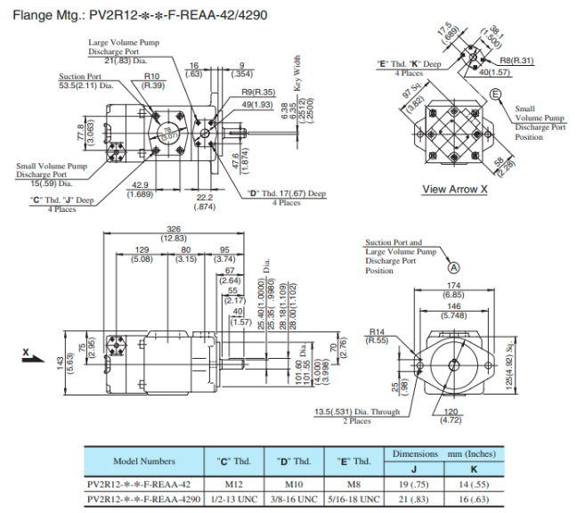 Kích thước lắp đặt bơm cánh gạt 2 tầng PV2R12-10/33-FRAAA-42 Yuken