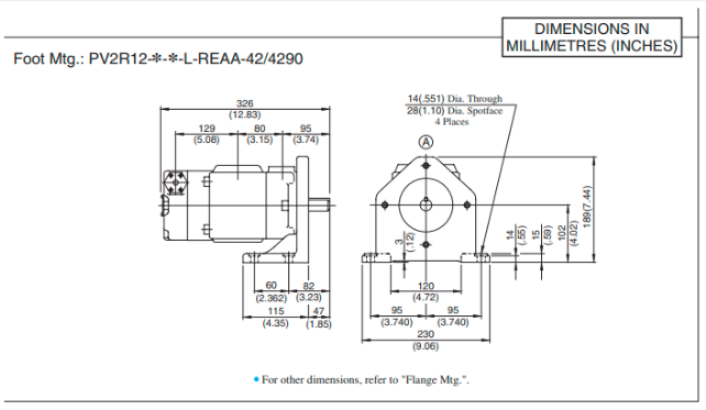 Kích thước lắp đặt bơm cánh gạt 2 tầng PV2R12-10/33-FRAAA-42 Yuken