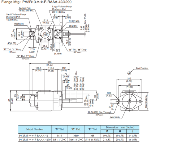 Bản vẽ kích thước lắp đặt bơm cánh gạt 2 tầng Yuken PV2R13-31/94-FRAAA-42 