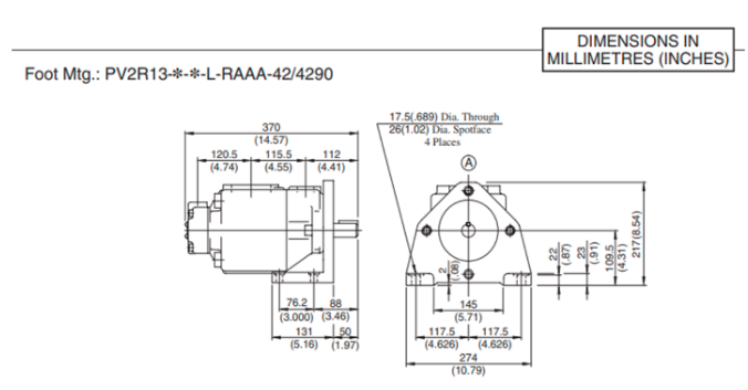 Bản vẽ kích thước lắp đặt bơm cánh gạt 2 tầng Yuken PV2R13-31/94-FRAAA-42 