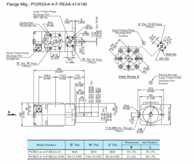 Kích thước lắp bơm cánh gạt Yuken PV2R23-47/94-FRAAA-41 