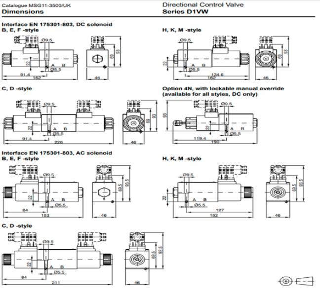 Kích thước lắp đặt van điều khiển điện Parker AH-D1VW001CNYWXG562