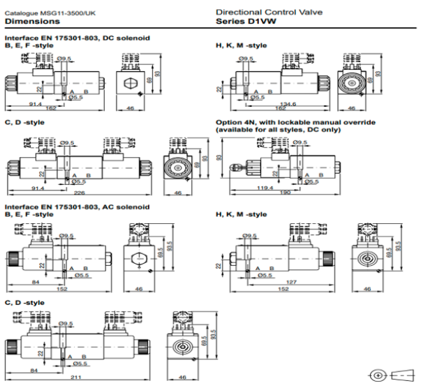 Kích thước lắp đặt van điều khiển điện Parker AH-D1VW001CNJWXG562