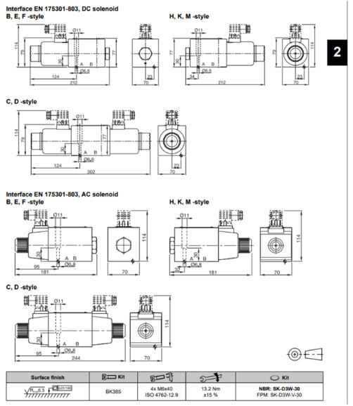 Kích thước lắp đặt sản phẩm van điều khiển điện Parker AH-D3W020BNYWXG562