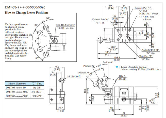 Kích thước lắp đặt van gạt tay thủy lực Yuci Yuken DMT-03-3C2/4 