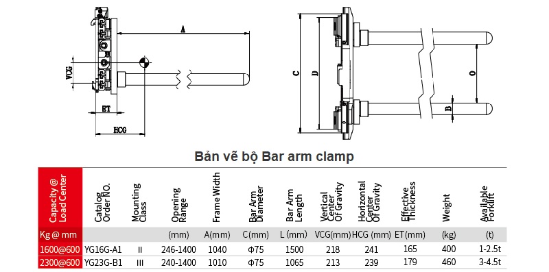 Bản vẽ bộ kẹp cuộn dài Bar arm clamp lắp cho xe nâng hàng