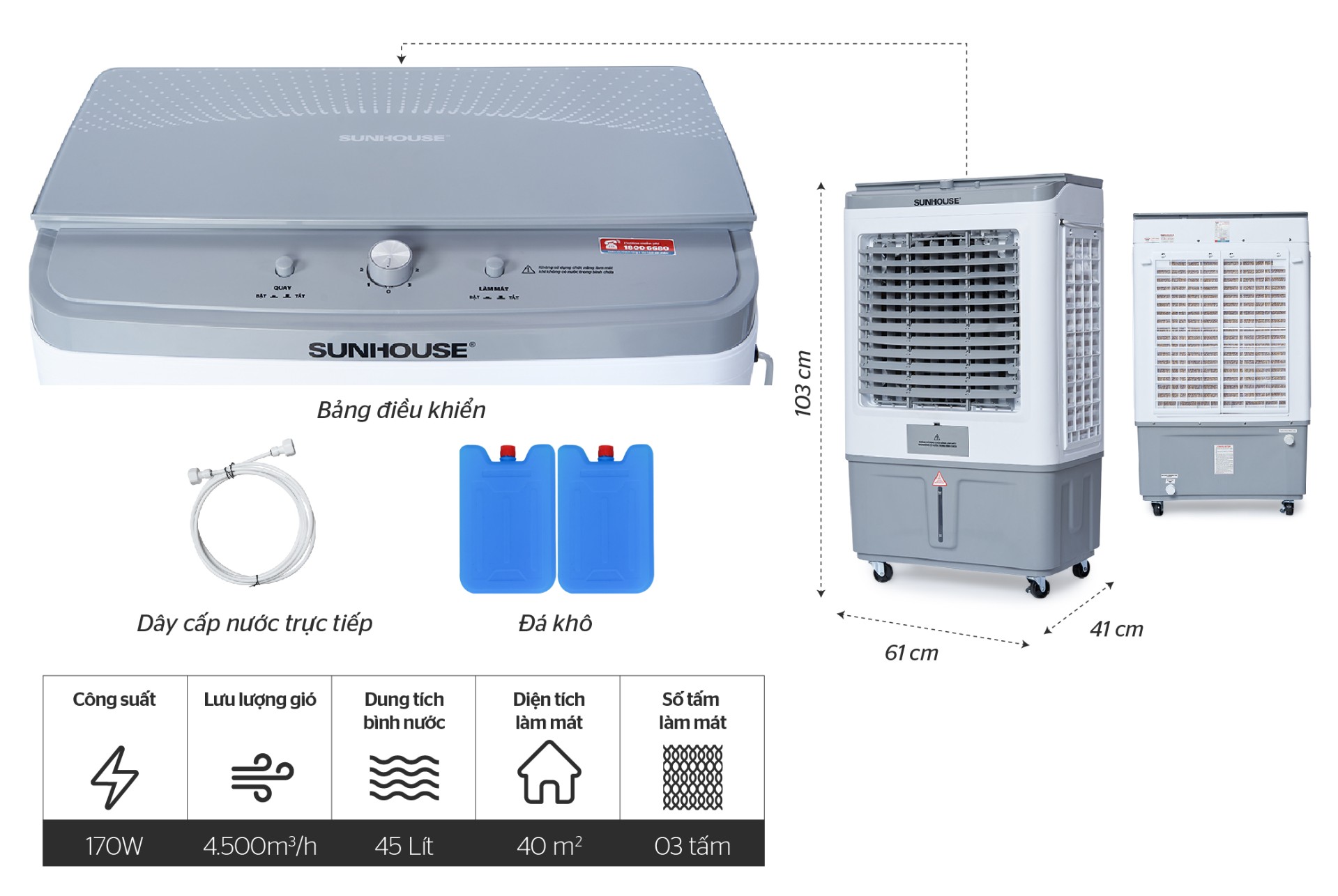 Quạt điều hòa Sunhouse SHD7739 dung tích 45 lít, công suất 170W - Bảo hành chính hãng toàn quốc