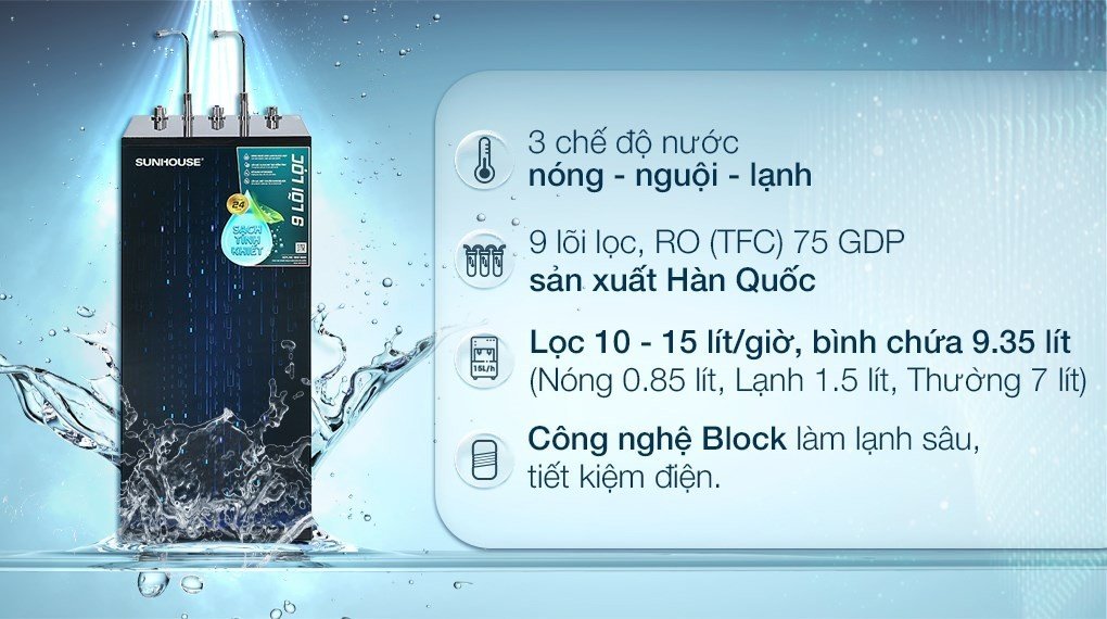 Máy lọc nước RO nóng lạnh SUNHOUSE SHA76215CK 9 lõi cao cấp - Miễn phí lắp đặt nội thành HN và TPHCM, freeship toàn quốc