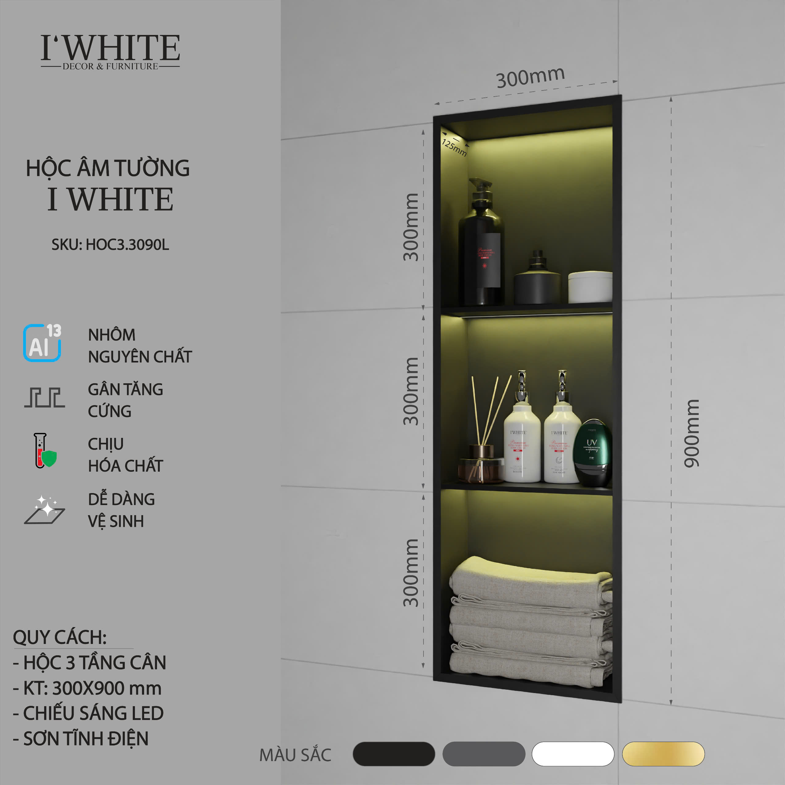 Hộc âm tường IWhite H1.3C-30*90L