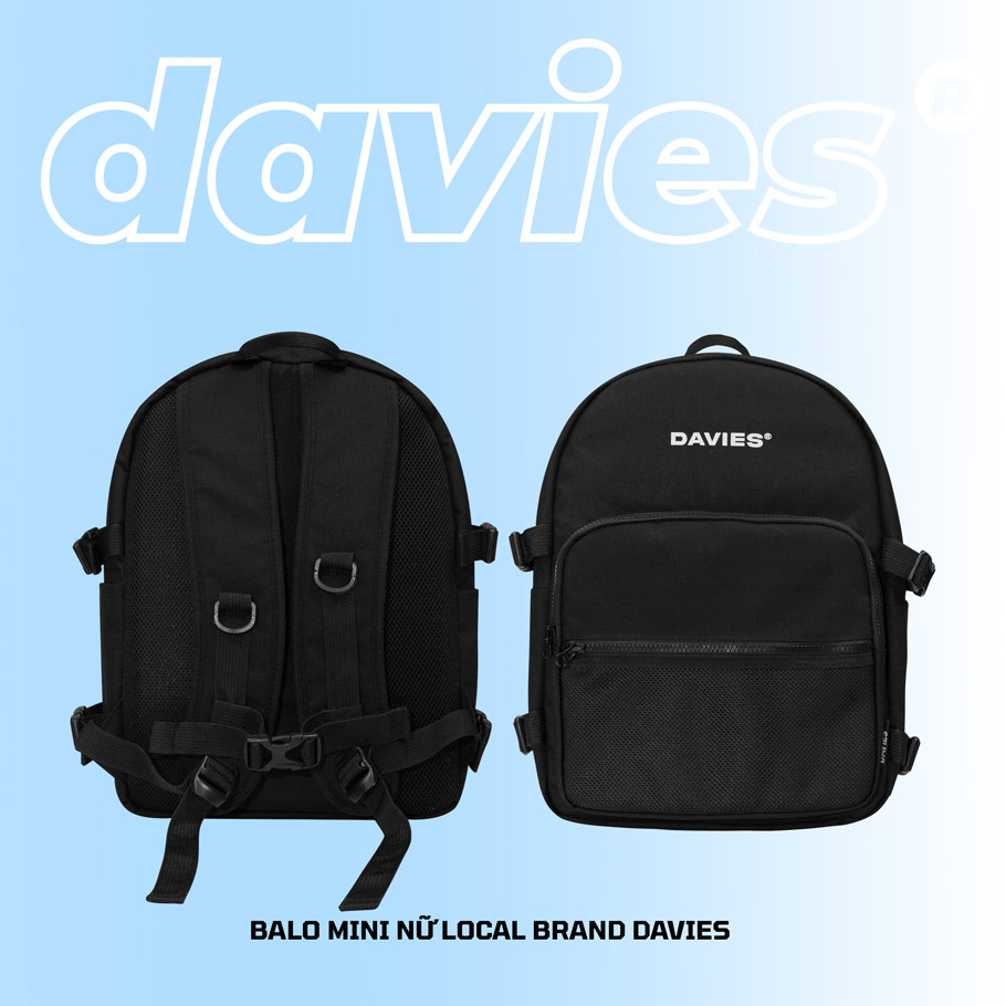 Balo Đi Học Local Brand Davies - Full Black Mini Original Backpack. Davies Brand ®