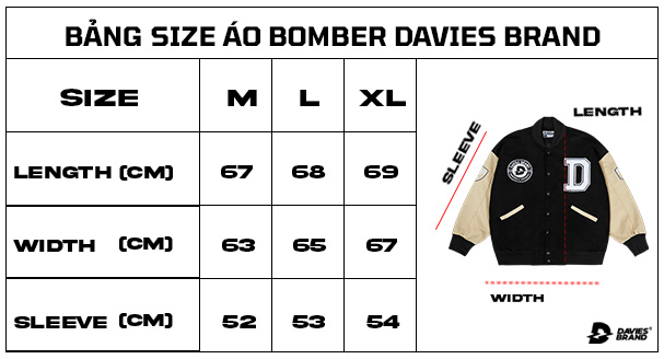 bảng size áo bomber bóng chày 