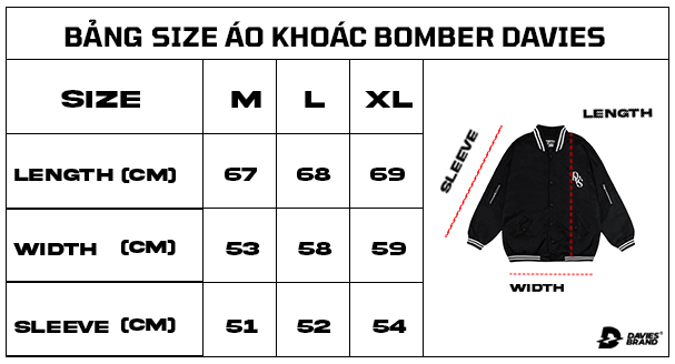 bảng size áo khoác bomber local brand davies 