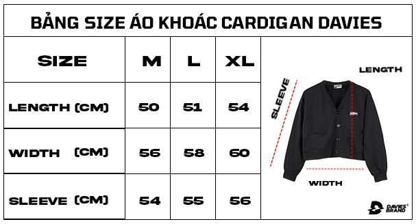 bảng size áo khoác cardigan Davies