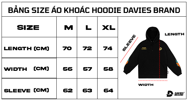 bảng size áo khoác hoodie local brand davies