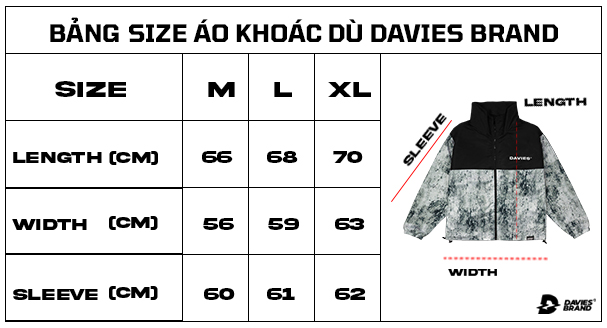 bảng size áo khoác local brand davies 