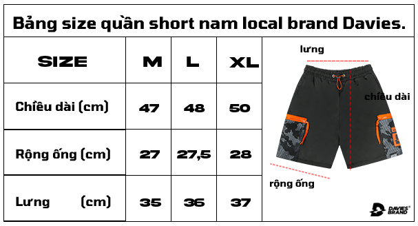 bảng size quần short nam locla brand Davies