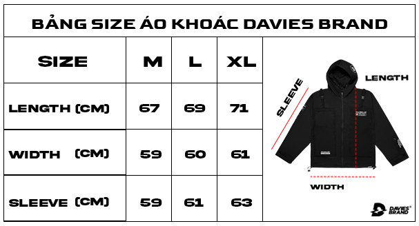 bảng size áo khoác limited local brand davies