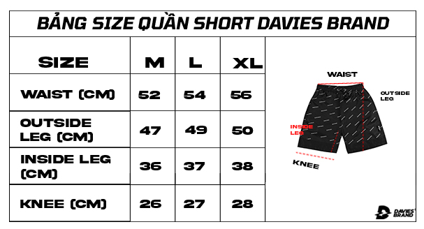 Bảng size quần short davies brand
