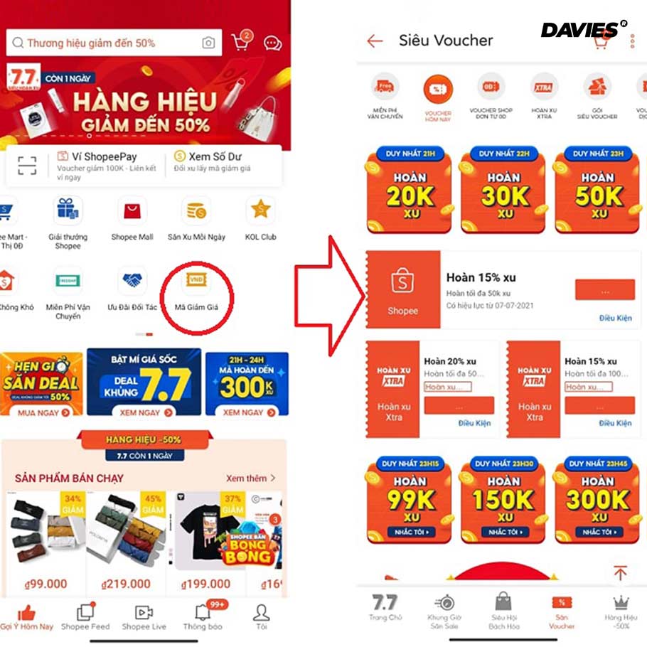 mã hoàn su shopee locâl brand Davies