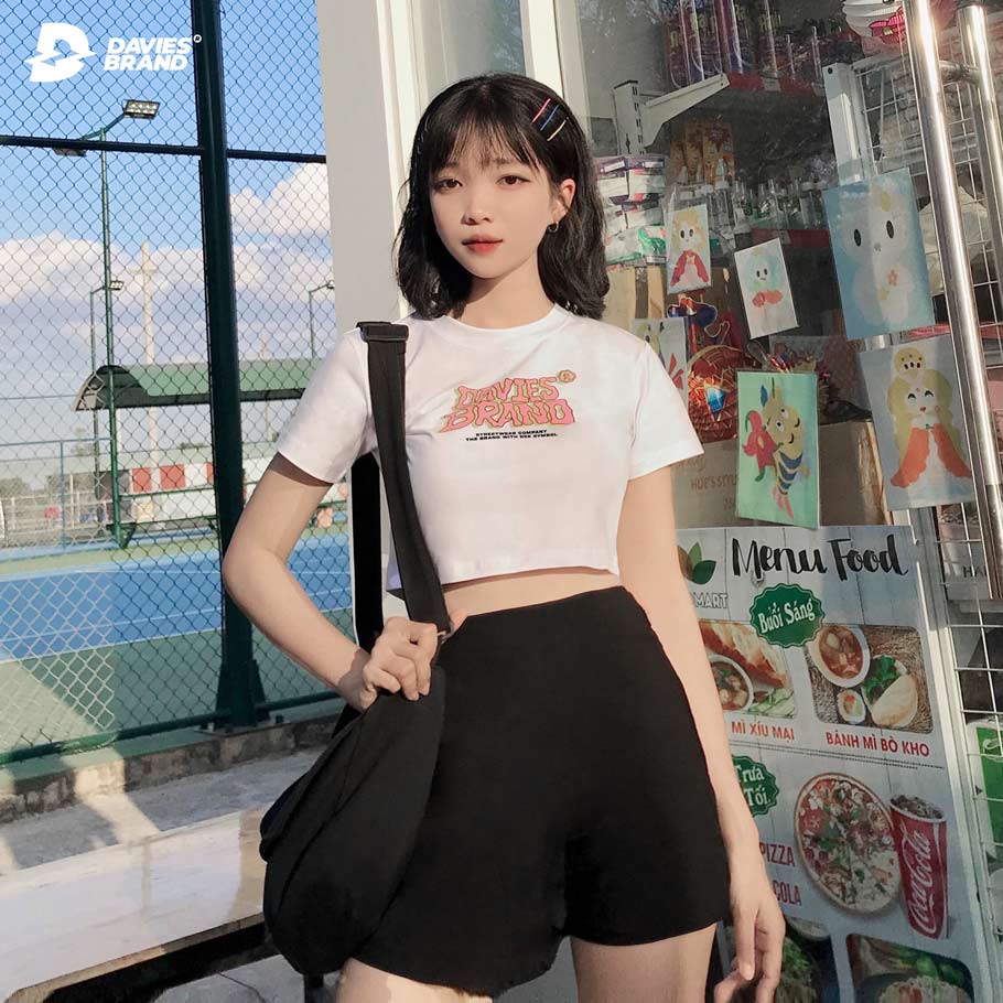 Áo Croptop Ôm Local Brand Davies - White Pink Logo Croptop Davies Brand ®