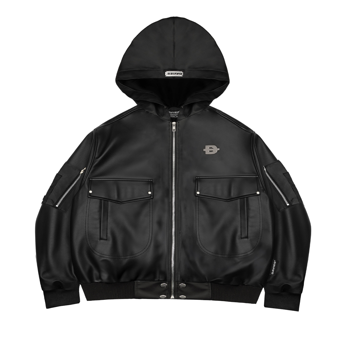 áo khoác bomber có mũ nhiều túi khóa kéo màu đen chất liệu dù và da