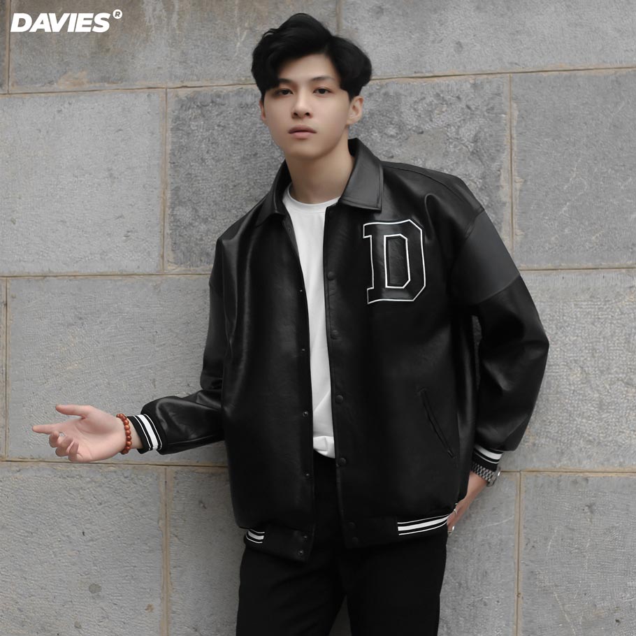 áo khoác bóng chày nam da màu đen varsity jacket