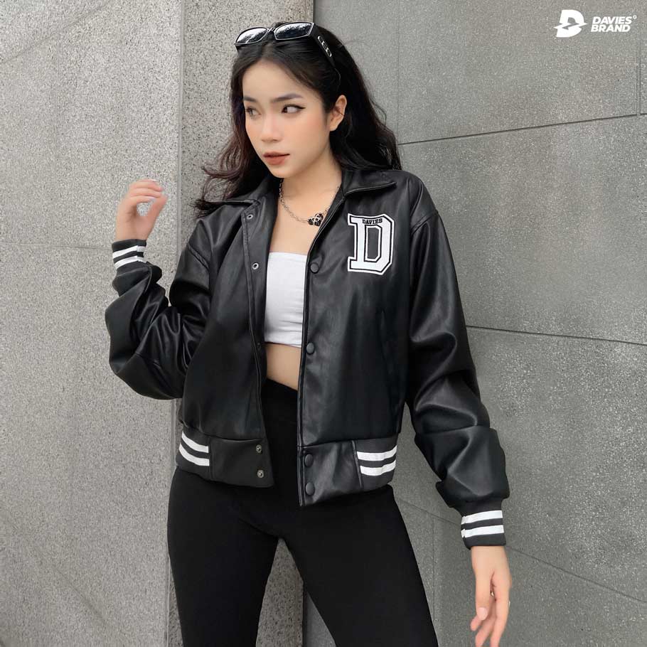 D15-AK33 Cropped Leather Varsity Jacket