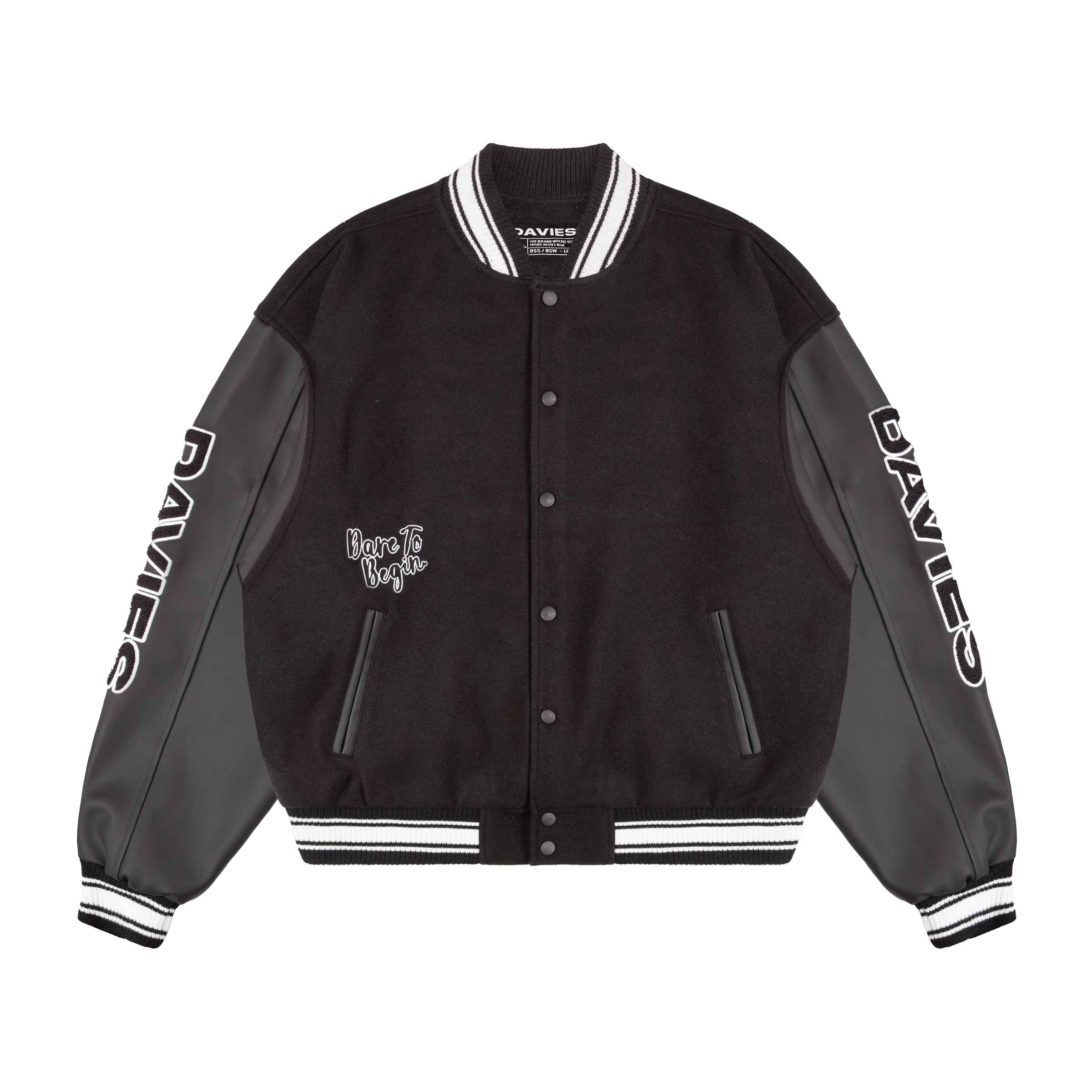 Áo varsity nỉ đen tay phối da nút bấm DAVIES