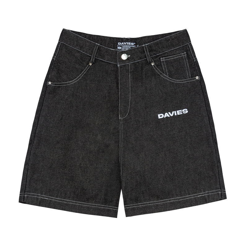 Quần jean đùi ống rộng thêu chữ, màu xám tiêu đen, phong cách streetwear nam nữ